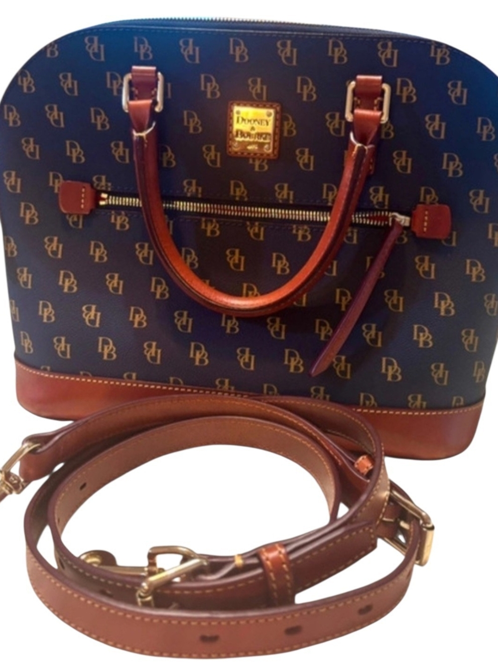Dooney & Bourke Navy & Gold Monogram Satchel with Light Brown Leather Trim